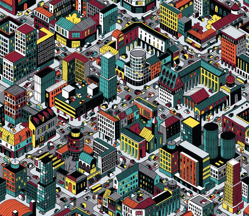 Colorful City Blocks Isometric Seamless Pattern (Medium) is hand drawing with perimeter blocks, courtyards, streets and traffic. Illustration eps8 vector; pattern repetitive; colors on separate layer. Colorful City Blocks Isometric Seamless Pattern (Medium) is hand drawing with perimeter blocks, courtyards, streets and traffic. Illustration eps8 vector; pattern repetitive; colors on separate layer.