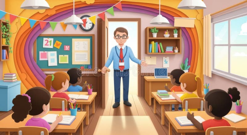 Colorful Classroom Scene with Teacher and Students, Vibrant Educational Setting stock illustration