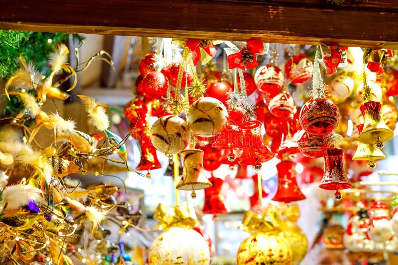 Colorful close up details of christmas fair market. Balls decorations for sales. Xmas market in Germany with traditional stock photography Colorful close up details of christmas fair market. Balls decorations for sales. Xmas market in Germany with traditional stock photography