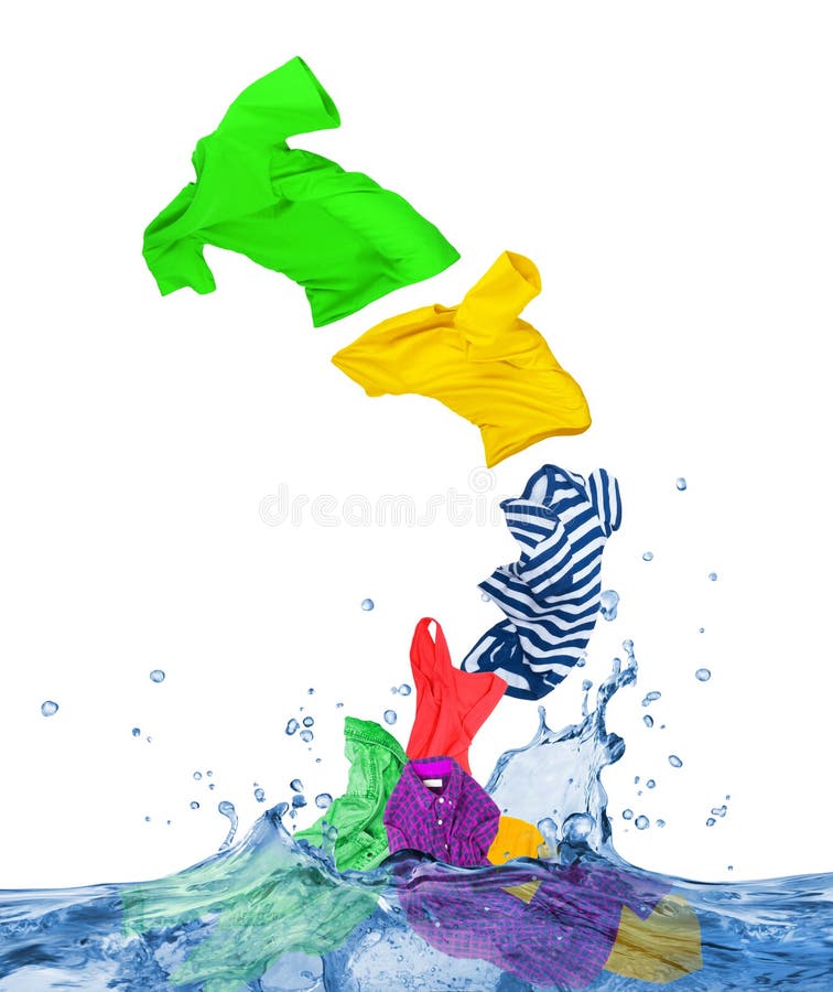 Colorful clothes fly out of the water, on white stock images