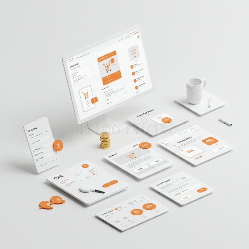 Colorful cloud-shaped icons on a dark background, each containing different symbols stock illustration