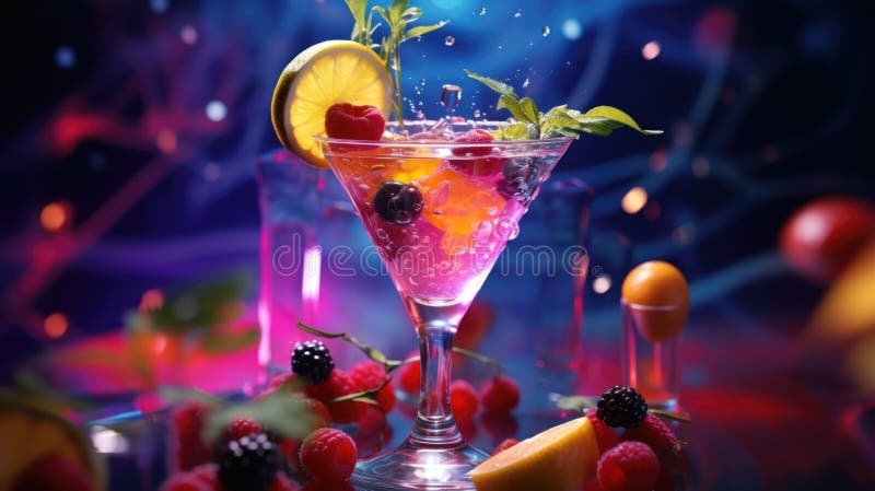 A colorful cocktail with berries and fruit on a table, AI