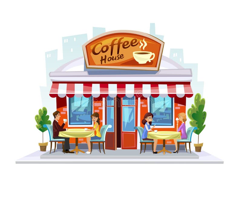 Colorful coffeeshop building. Summer Street Cafe terrace. Cartoon coffee cafe facade with people and city landscape. stock illustration Colorful coffeeshop building. Summer Street Cafe terrace. Cartoon coffee cafe facade with people and city landscape. stock illustration