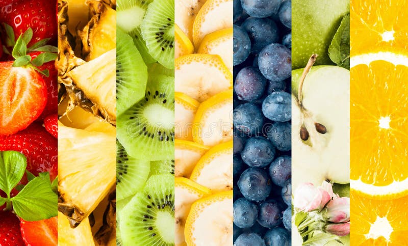 Colorful collage of assorted tropical fruit