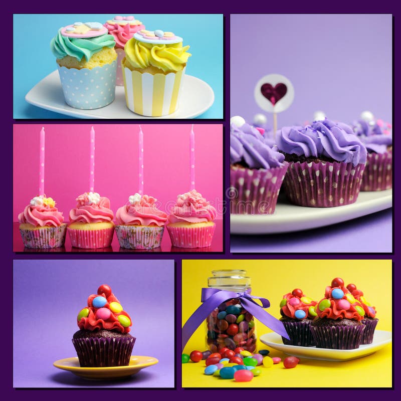 Colorful collage of bright color cupcakes