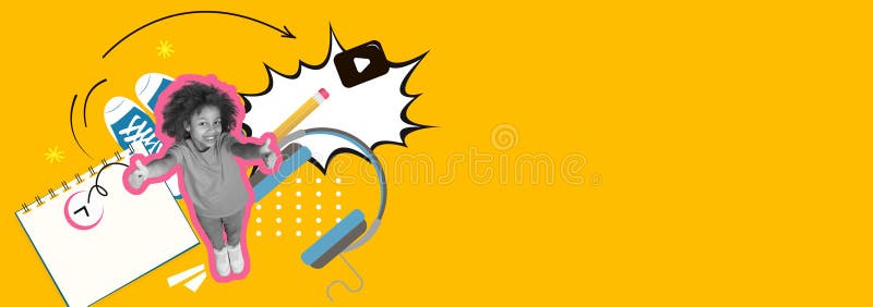 Colorful Collage Featuring a Happy Child Surrounded by Creative Elements and Fun Designs stock photography