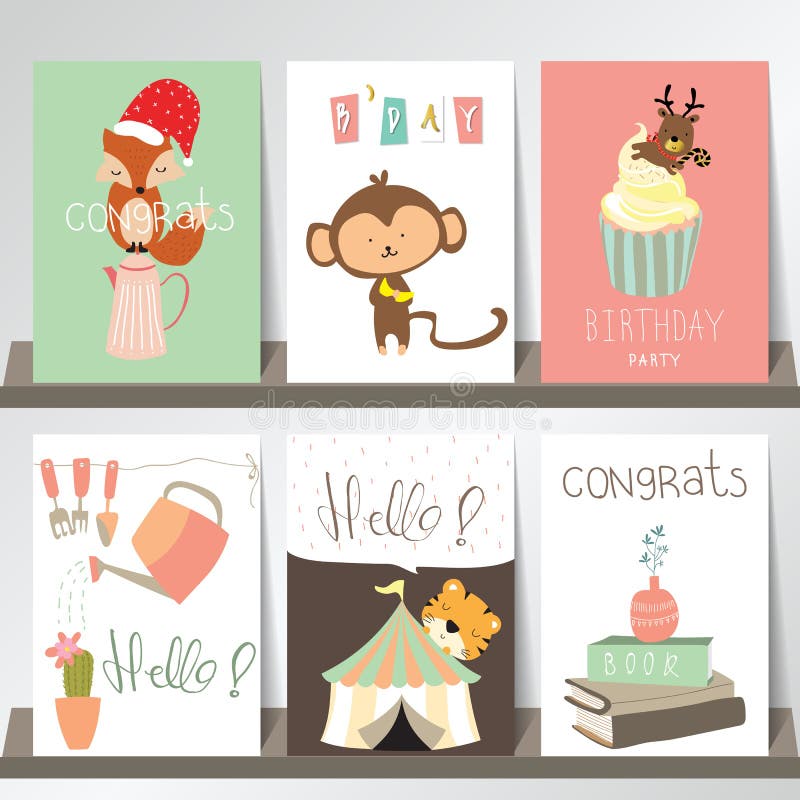 Colorful collection for banners,Flyers,Placards with fox,monkey,cactus,tiger,reindeer and cupcake