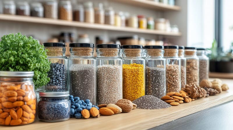 Colorful collection of spices and seeds in clear jars on a kitchen countertop. Generative AI stock photo