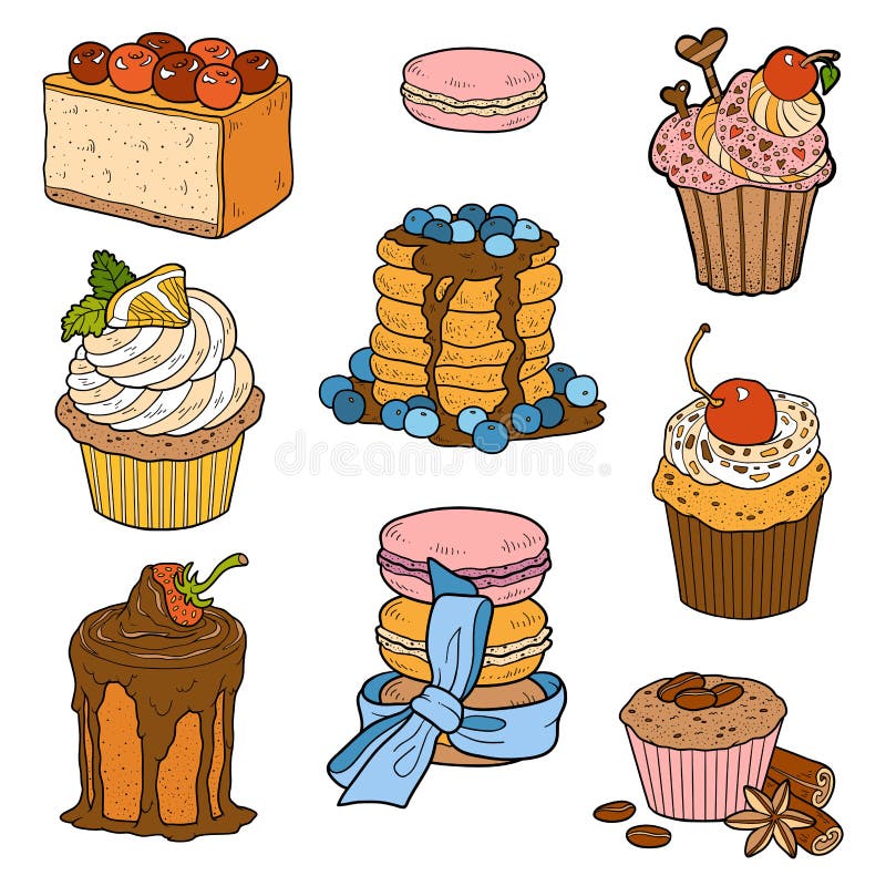 Vector set of baking equipment. Home bakery. Illustration of cakes,  cupcakes, bread and other pastries. Stock Vector
