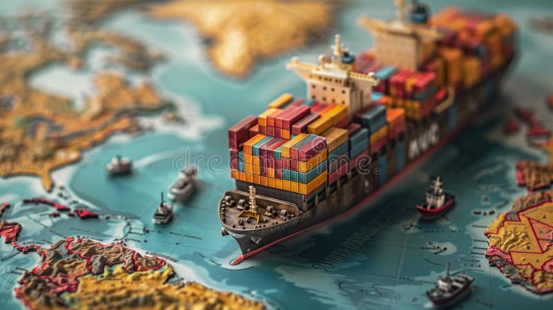 Navă-container colorată pe o hartă mondială reprezentând rutele comerciale globale. royalty free stock photography