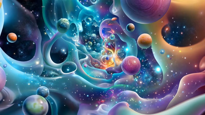 Colorful cosmic journey through abstract space with vibrant planets and nebulae stock illustration