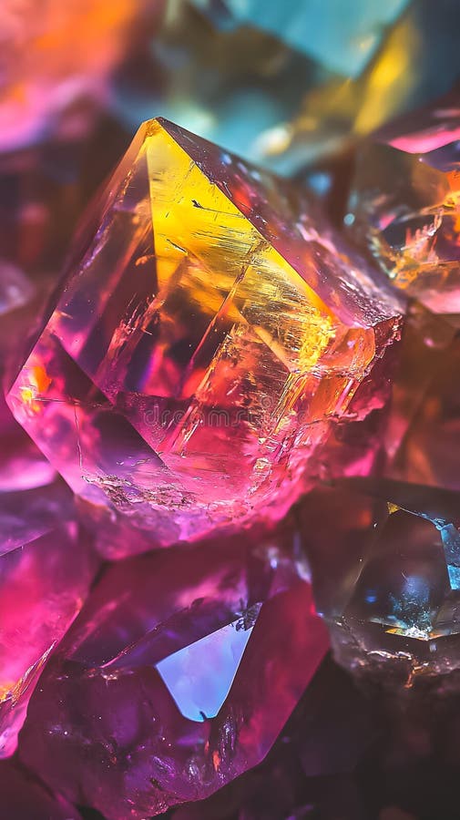 Colorful crystals reflecting light in a mesmerizing pattern during a close-up view stock illustration