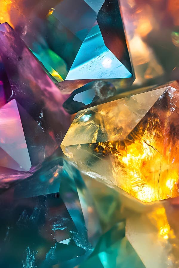 Colorful crystals reflecting light in a vibrant display of hues and patterns stock illustration