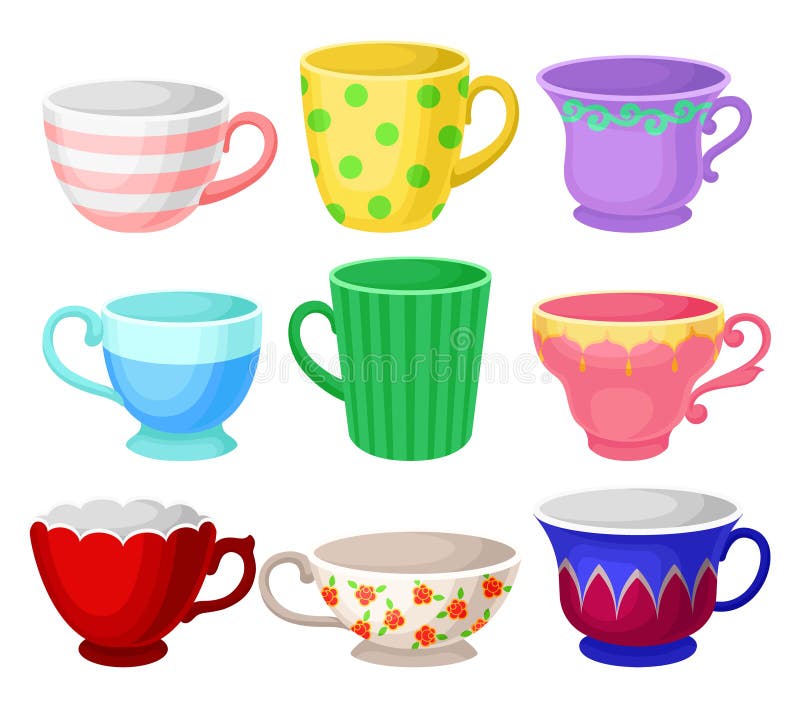 Colorful cup set, different tea or coffee cups vector Illustrations on a white background