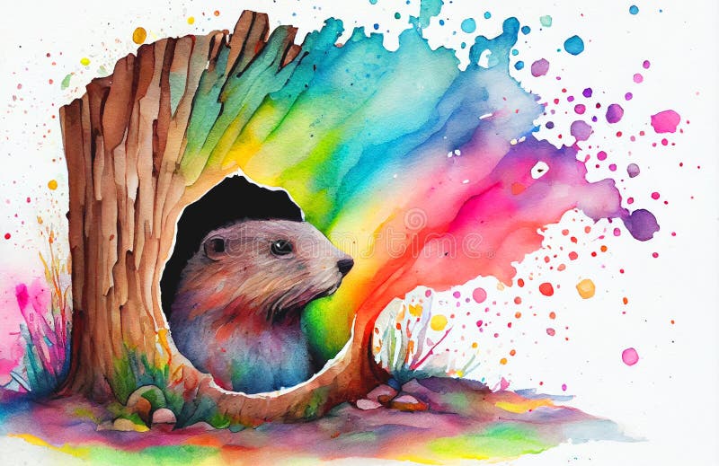Colorful cute adorable Groundhog in his burrow
