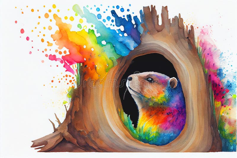 Colorful cute adorable Groundhog in his tree stump