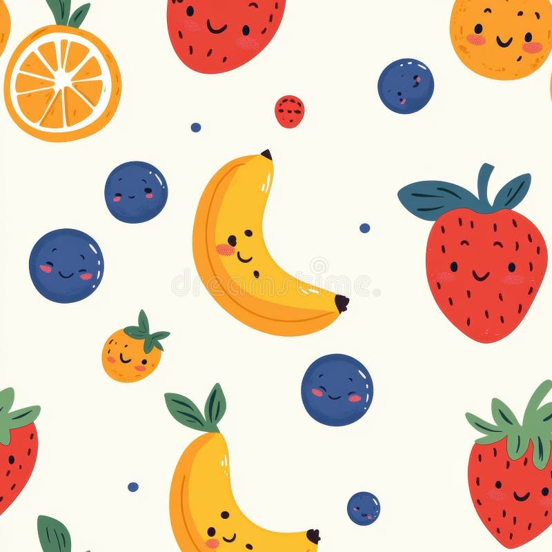 Colorful and cute seamless pattern displaying happy cartoon strawberries, blueberries, bananas, and oranges, perfect for baby items and decor. Seamless pattern bright oranges stock images, royalty-free photos and pictures