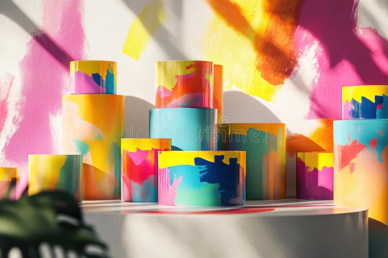 Colorful Cylindrical Containers Stacked on a White Surface with Abstract Paint Splashes in the Background vector illustration