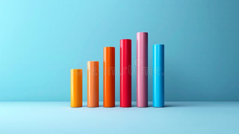 Colorful cylindrical shapes arranged in a gradient, showcasing growth and progress against a soft blue background stock illustration