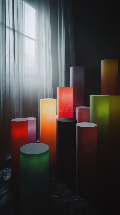 Colorful cylindrical structures illuminated in a dimly lit space, creating a vibrant atmosphere stock illustration