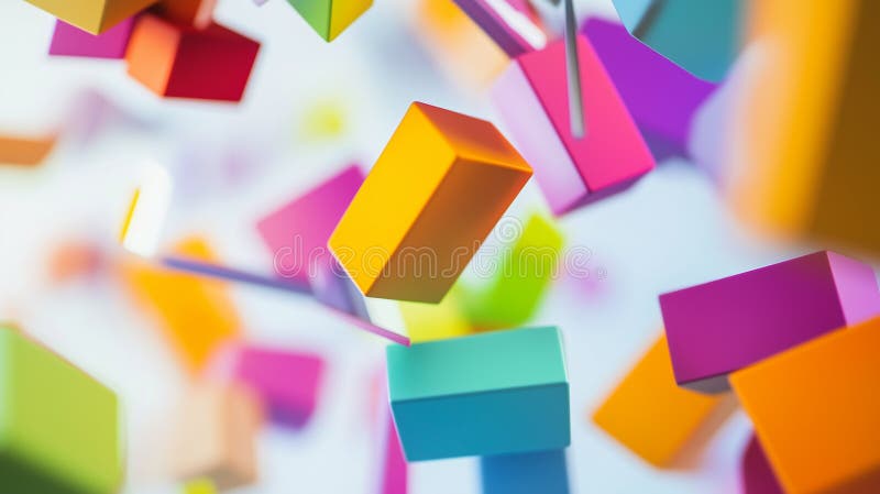 Colorful 3D Blocks Floating Against a Soft White Background Dynamic Geometric Art royalty free illustration