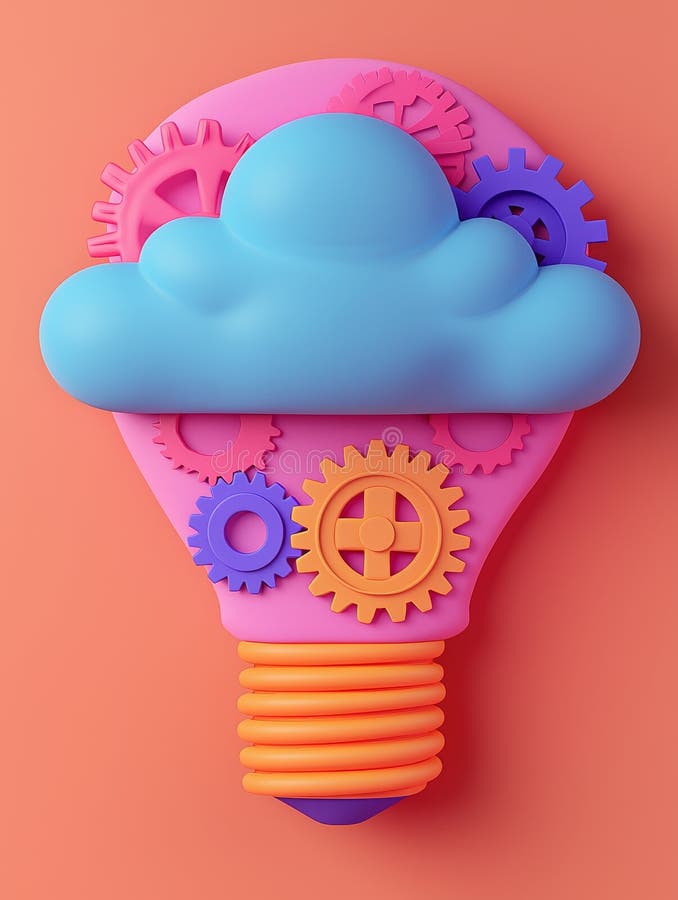 Colorful 3D Clay Cloud with Gears in Bulb Shape on Solid Background stock illustration