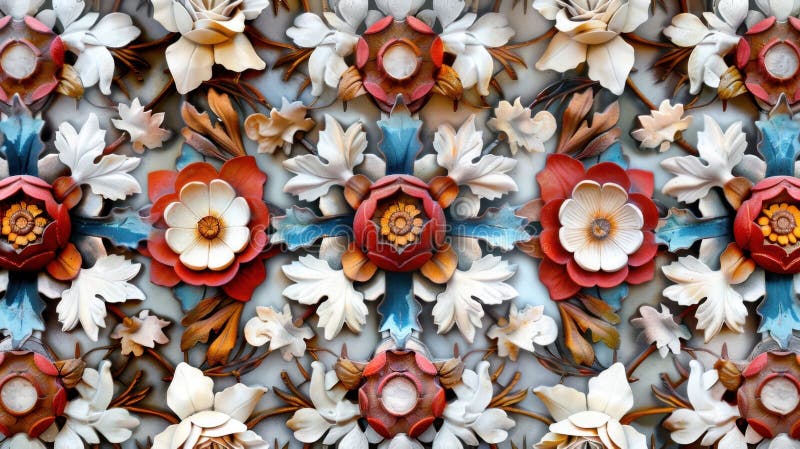 Colorful 3d floral pattern with intricate wood carvings and detailed textures stock illustration