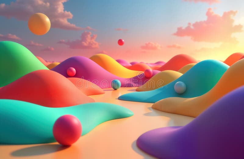 Colorful 3D landscape with dynamic shapes, vibrant colors. Abstract design with smooth flowing forms. Colorful balls float in air royalty free illustration