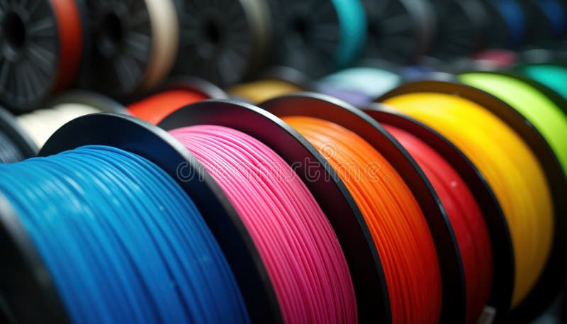 Colorful spools of 3D printer filament like PLA and ABS arranged neatly