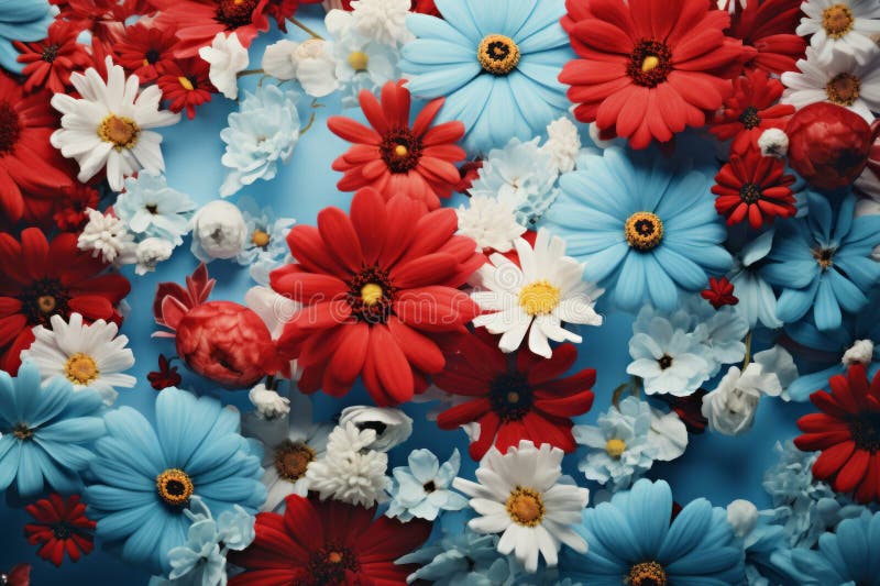 Colorful Daisies and Chrysanthemums on Blue Background. Stock Photo
