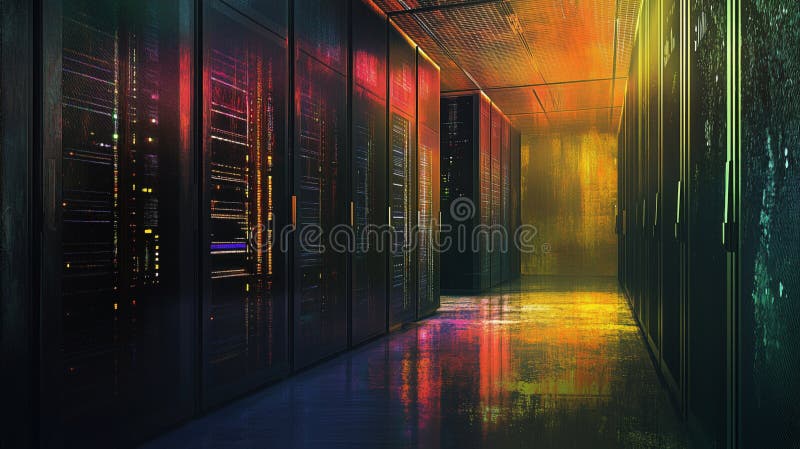 Colorful data center corridor with illuminated server racks and reflections royalty free stock photo