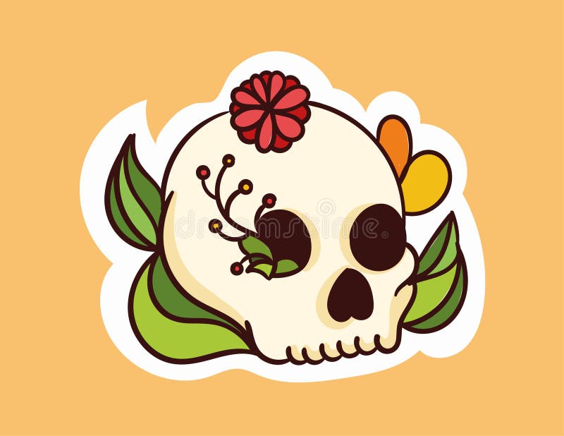 Colorful Dead Skull Sticker with Flowers Coming Out of Head Stock ...