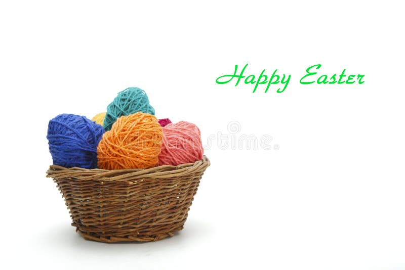 Colorful decorated easter eggs from wool yarn. stock image