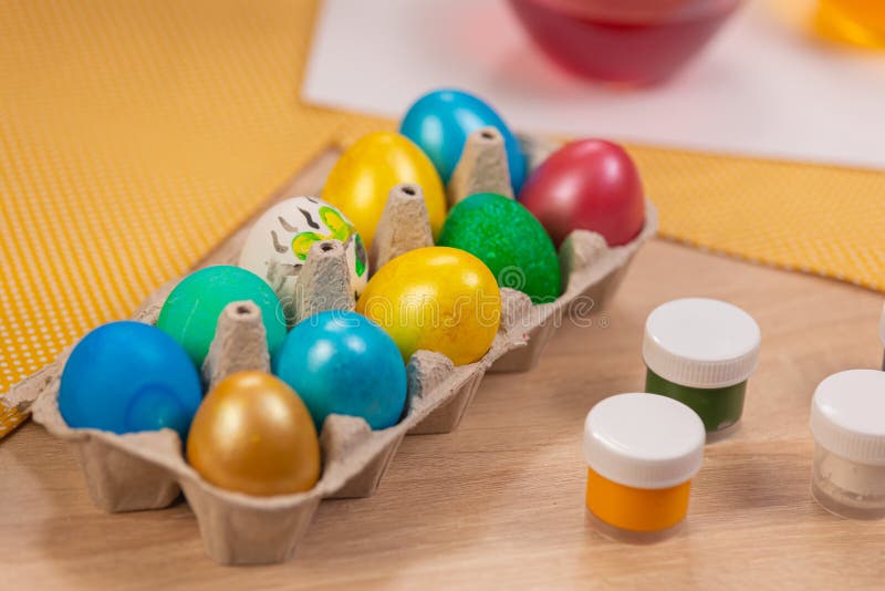 Colorful Decorated Eggs are in a Box on the Table. Easter Eggs with
