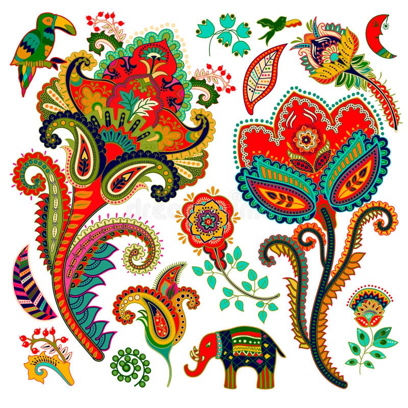 Colorful decorative elements. Paisley, decorative flowers bird elephant. Colorful decorative elements. Paisley, decorative flowers bird elephant
