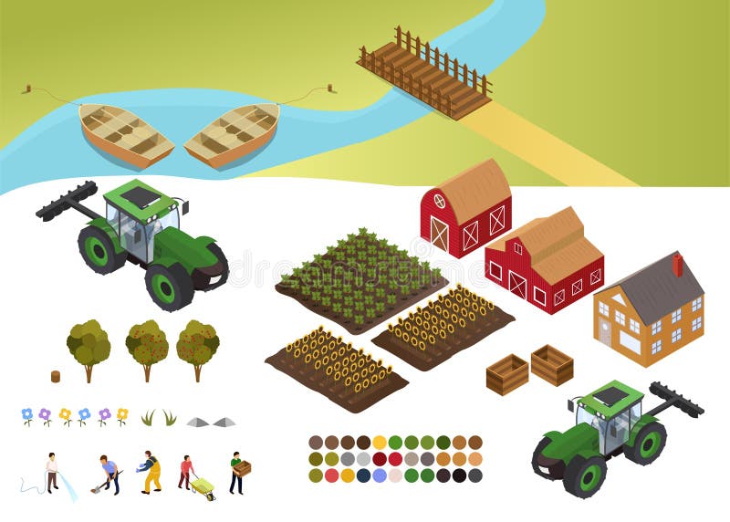 Colorful design elements for Farm and Agriculture with fields of crops, barn, farmhouse, farmers at various tasks vector illustration Colorful design elements for Farm and Agriculture with fields of crops, barn, farmhouse, farmers at various tasks vector illustration
