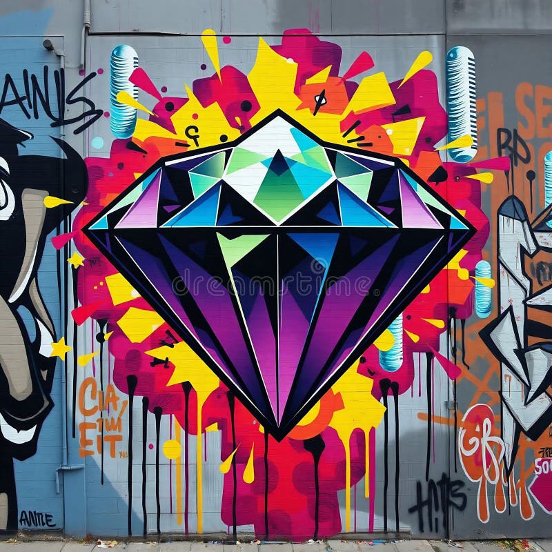 Colorful Diamond Graffiti Mural with Bold Geometric Shapes on City Wall. royalty free stock photography