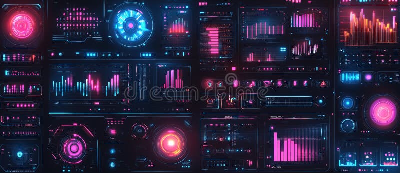 Colorful digital dashboard displaying data analytics and graphical statistics in a futuristic design stock photography