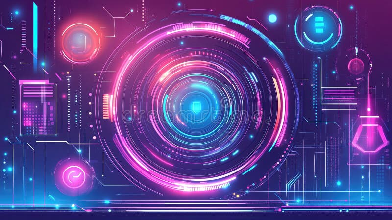 Colorful digital interface with circular patterns and futuristic elements displaying technology graphics royalty free stock images