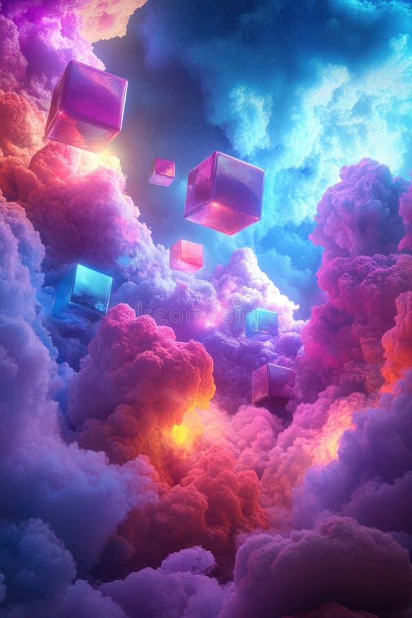 Colorful Digital Landscape, Vibrant cubes float in a surreal digital landscape filled with colorful clouds, creating a stunning vector illustration