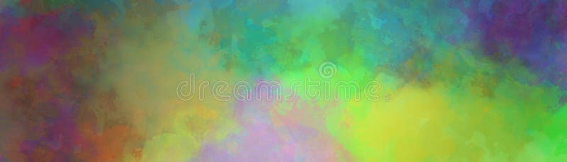 Colorful digital watercolor background of abstract sunset sky with puffy clouds in bright colors of pink green blue yellow orange