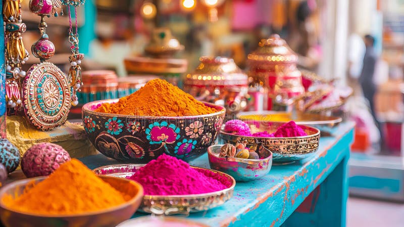 Colorful Display of Holi Powder in Traditional Indian Market. Concept of Cultural Celebrations, Vibrant Colors