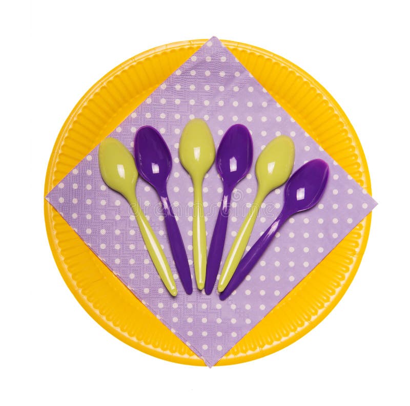 Colorful Disposable Plates, Plastic Spoons And Doily Isolated On White