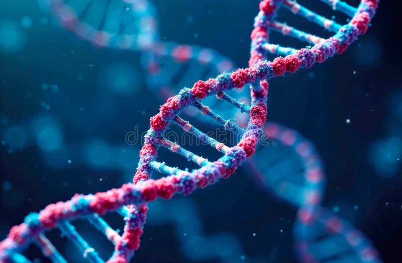Colorful DNA double helix structure showcases the complexity of genetic material in a vibrant blue environment. Code division stock images, royalty-free photos and pictures