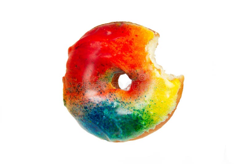 Colorful Donut with Bite Missing on White stock photos