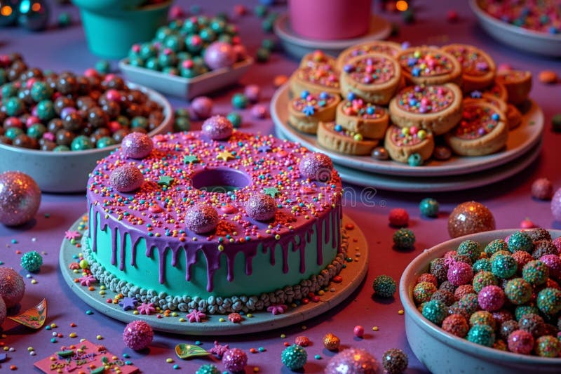 Colorful donut cake with sprinkles and sweets on a festive table stock photo