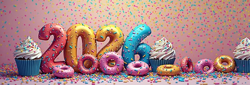 Colorful donut and cupcake celebration with sprinkles and 2026 numerals royalty free stock photo