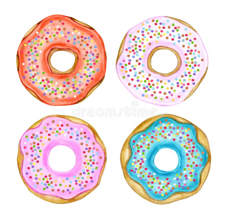 Colorful donuts isolated on white. Watercolor illustration stock illustration