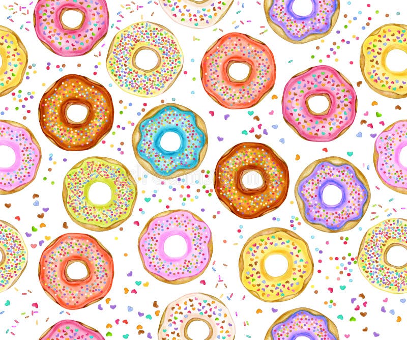 Colorful donuts seamless pattern, isolated on white. Sweets background. Watercolor illustration vector illustration.