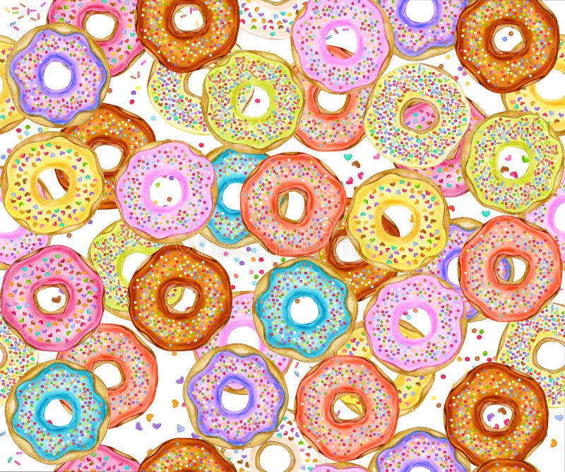 Colorful donuts seamless pattern, isolated on white. Sweets background. Watercolor illustration stock illustration.